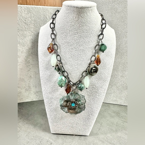 You & I Metal Roses and Acrylic Beaded Dangle Cha-Cha Statement Necklace - Picture 1 of 4